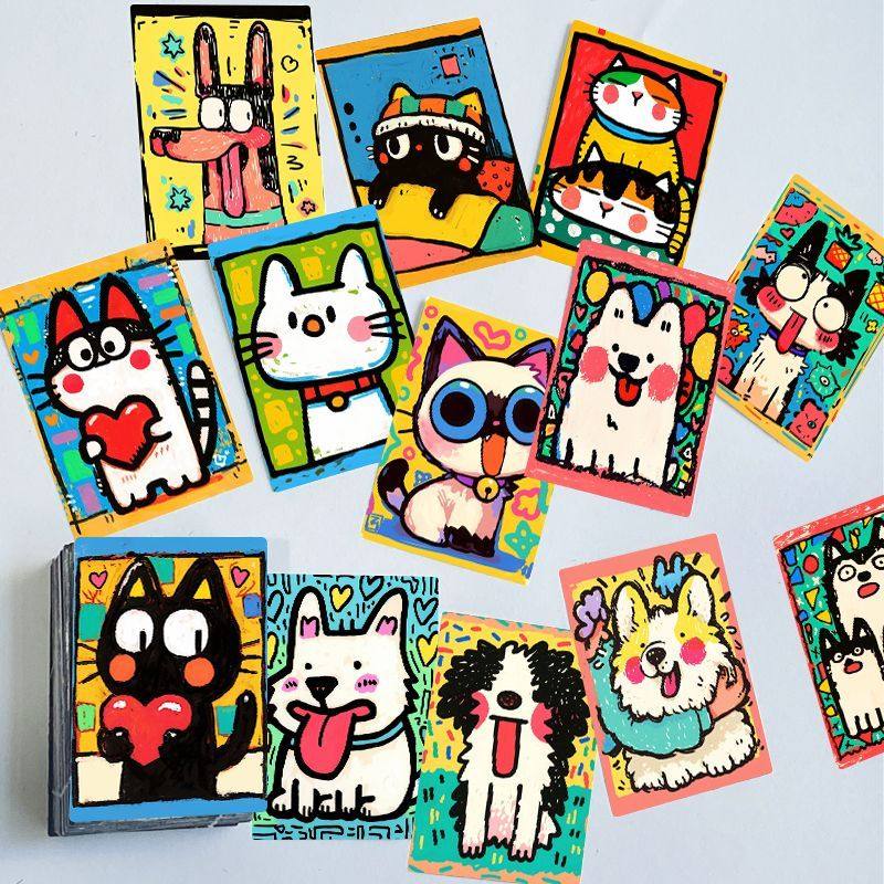 64张彩绘猫咪狗狗插画贴纸卡通可爱艺术色彩装饰笔记本手帐贴画,淘宝优惠券,粉丝福利购,淘宝优惠卷