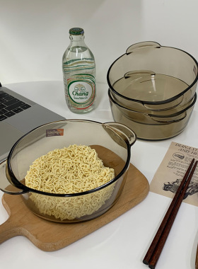 茶色玻璃碗带盖泡面碗双耳汤碗家