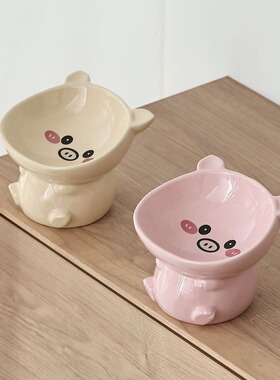 高脚陶瓷猫碗宠物碗斜口护颈棕