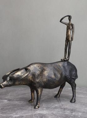 新中式树脂牧童站牛人物雕塑卧室书房电视柜桌面家居软装饰品摆件