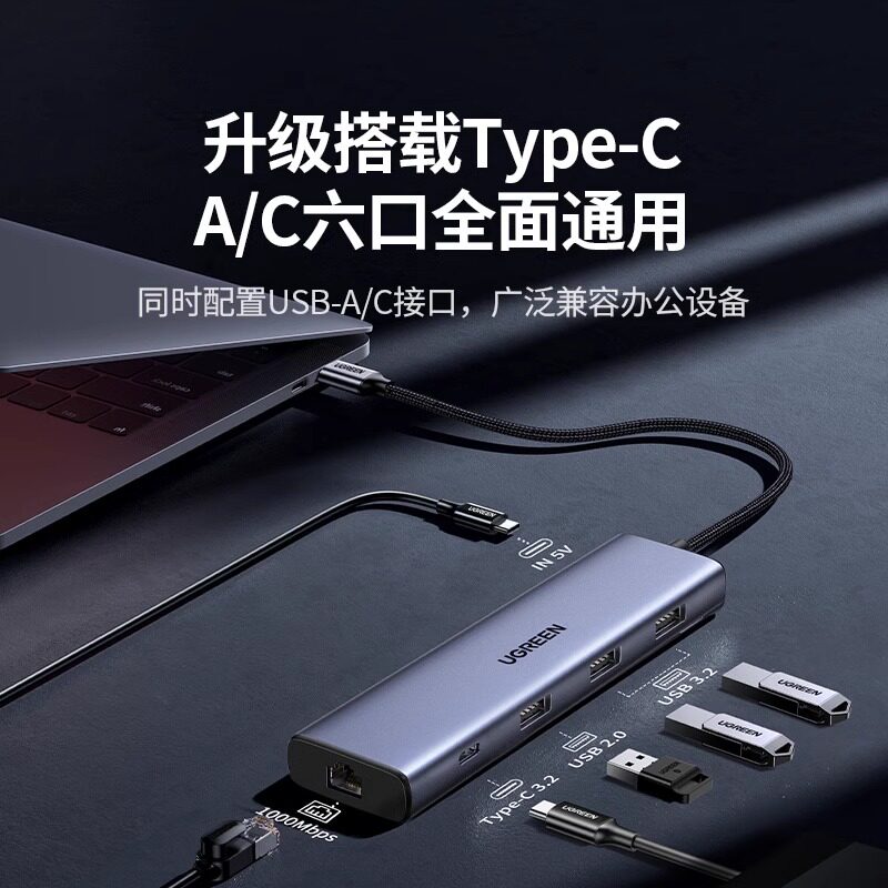 绿联网线转接口usb转以太网口转换器扩展坞连接千兆有线网卡拓展网络宽带typec接头台式机笔记本电脑手机NAS