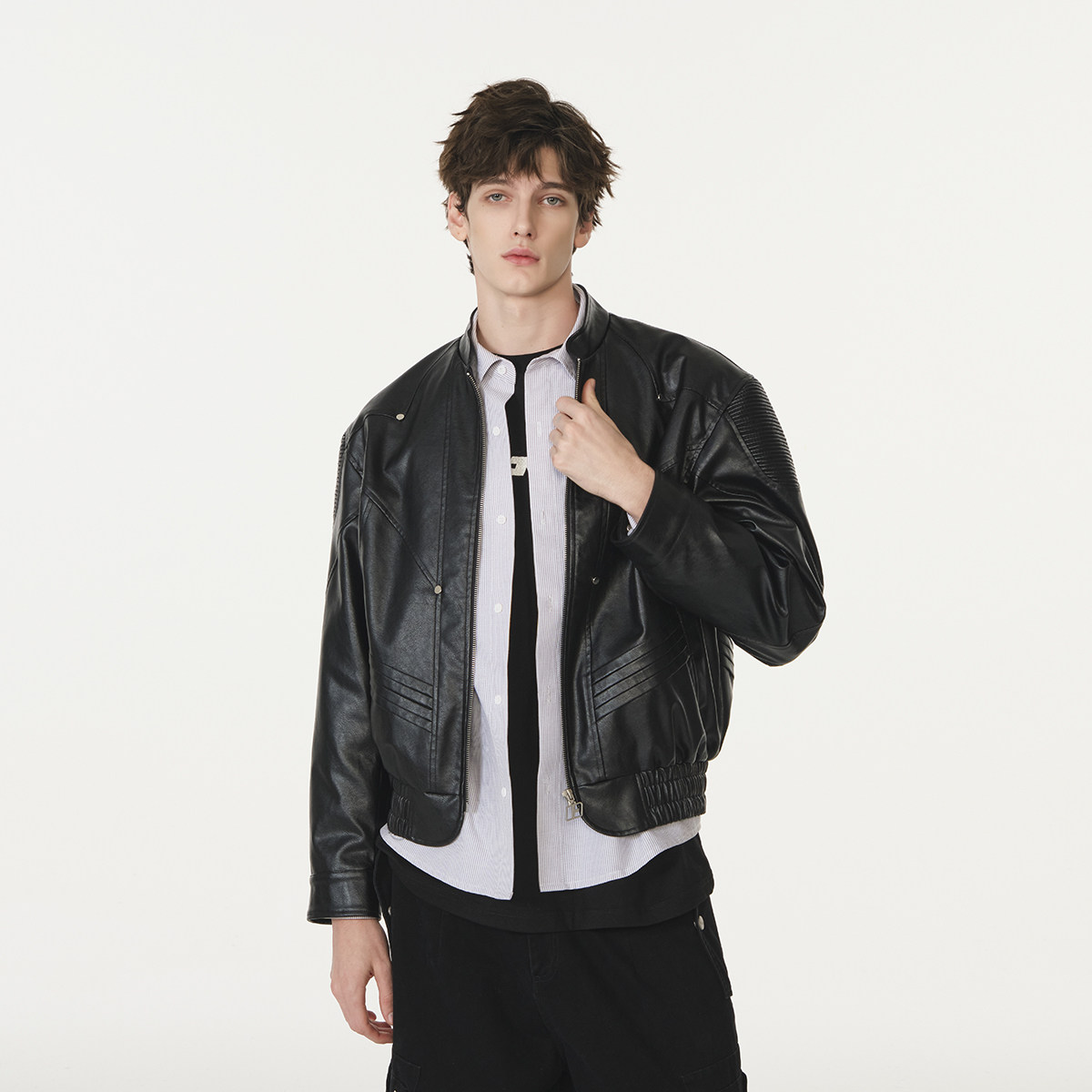 FORNINES黑色垫肩皮衣外套男潮牌美式复古短款高品质pu皮机车夹克,淘宝优惠券,粉丝福利购,淘宝优惠卷