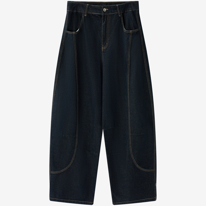 流石男装黑色宽松明线原牛直筒裤男25年秋季百搭弯刀阔腿牛仔裤 - 图3