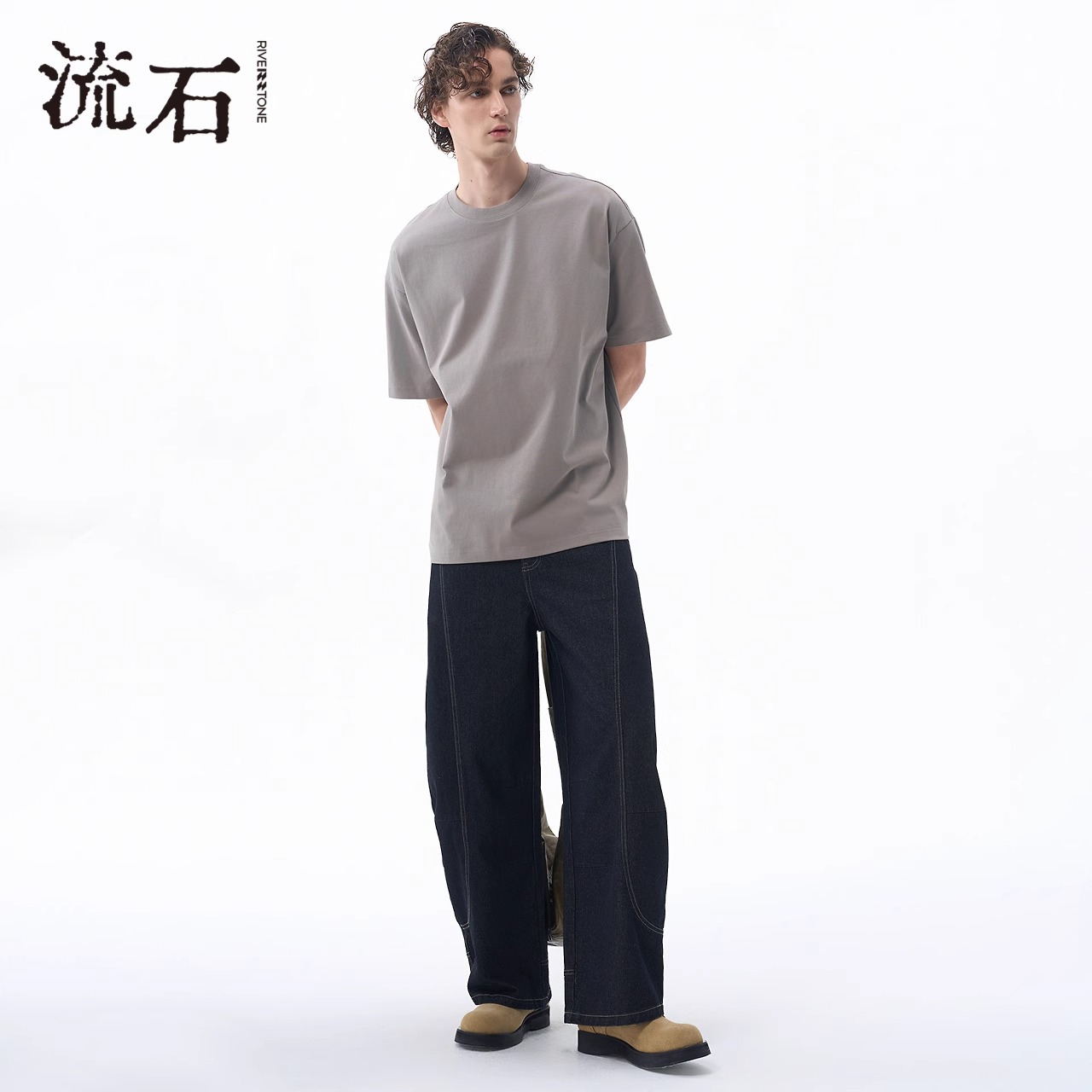 流石男装黑色宽松明线原牛直筒裤男25年秋季百搭弯刀阔腿牛仔裤 - 图1