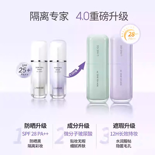 兰芝隔离防晒遮瑕三合一紫色雪纱妆前乳提亮官方正品SPF28PA++ - 图0