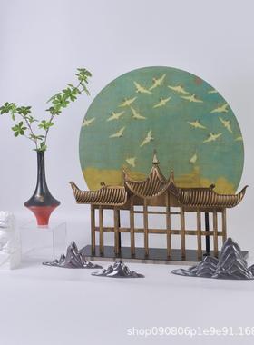 新中式入户玄关禅意圆形仙鹤图屋檐金属亚克力摆件样板房软装饰品