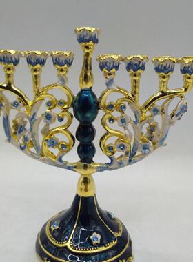外贸欧式金属烛台摆件珐琅彩镶钻犹太教复古金色灯台跨境