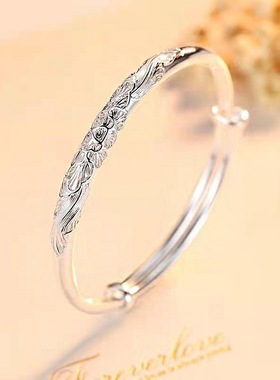 牡丹花999纯银手镯女纯银足银 厂家 批发送女朋友生日礼物送妈妈