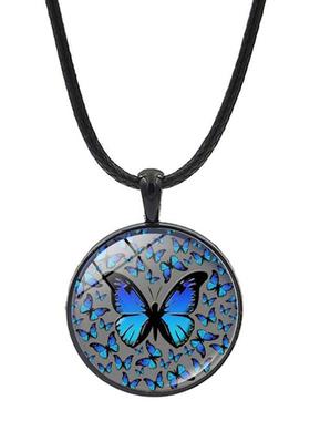 新款蓝色蝴蝶项链女简约百搭饰品时光宝石合金吊坠黑绳毛衣链