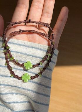 礼物幸运编织小众四叶草手链手工材料手绳小insdiy清晰包森系创意