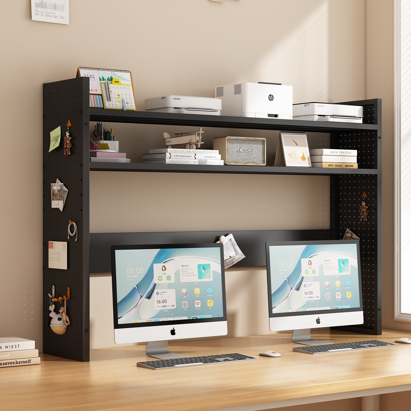 Desktop double-layer metal perforated board host storage rack