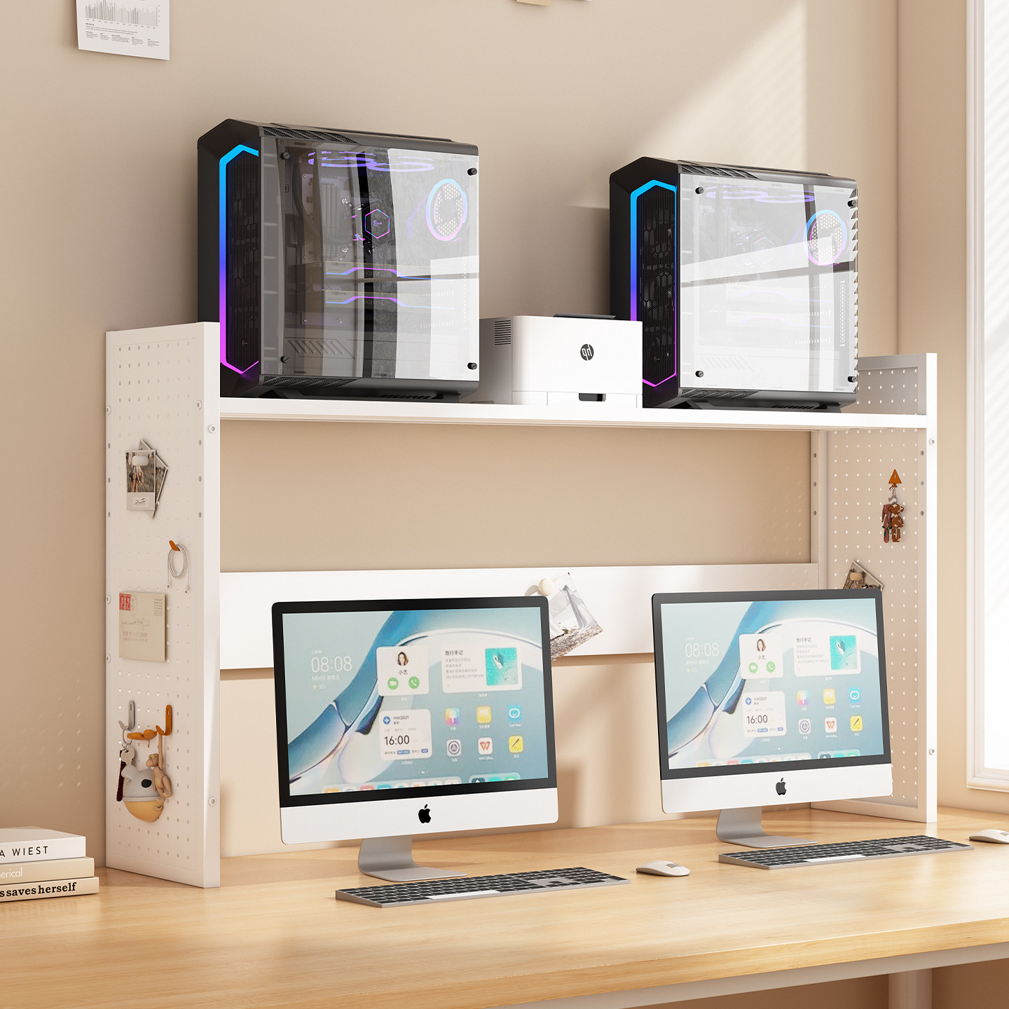 Desktop double-layer metal perforated board host storage rack