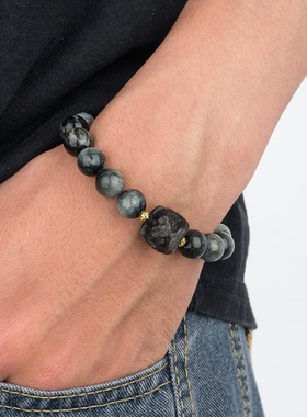 醒狮吞金兽招财手串做旧貔貅百搭黑曜石鹰眼石手链潮虎眼石送男友