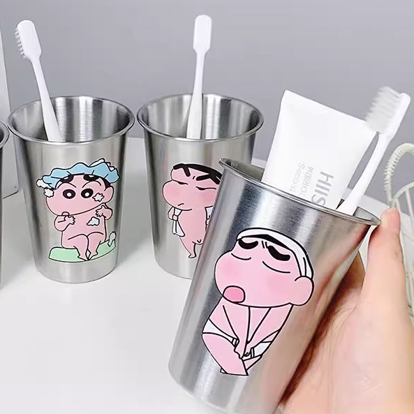 卡通不锈钢高颜值可爱小新ins304漱口杯创意家用情侣洗漱简约牙刷 - 图0