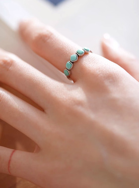 925银复古新中式四方方糖绿松石戒指环开口调节精致简约小众设计