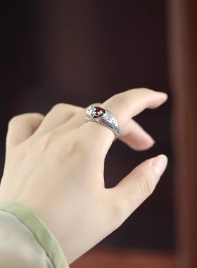 925银复古新中式莲花红玛瑙戒指环开口调节精致民族风女小众设计