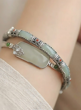 925银复古新中式和田玉无事牌手镯缠枝花手链简约小众设计高级感