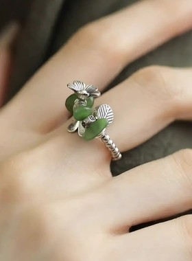 925银复古新中式和田碧玉花团锦簇戒指环开口调节小众设计高级感