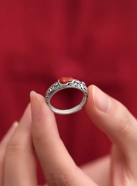 925银复古新中式和田玉南红福禄葫芦戒指环开口调节百搭小众设计