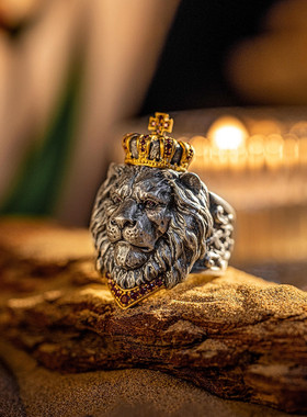 原创设计狮王戒指环皇冠锆石男开口可调节流行时尚复古风个性潮流