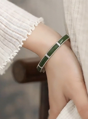 925银复古新中式无事牌和田青玉竹节开口手镯女士简约百搭民族风