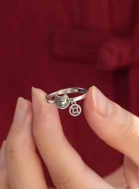 925银复古新中式铜钱招财猫戒指环开口调节百搭小众设计精致简约