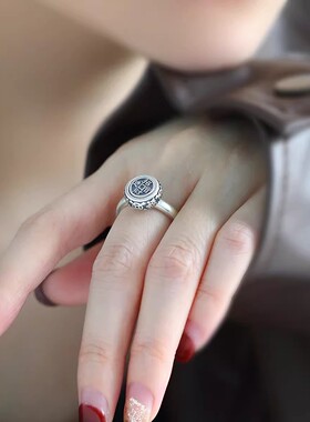 925银复古新中式福字元宝可旋转动招财进宝戒指环开口调节女简约