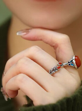 925银复古新中式南红麦穗戒指环开口调节做旧精致百搭小众设计女