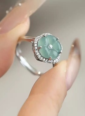 925银复古新中式翡翠梅花戒指环开口调节民族风女高级感百搭简约