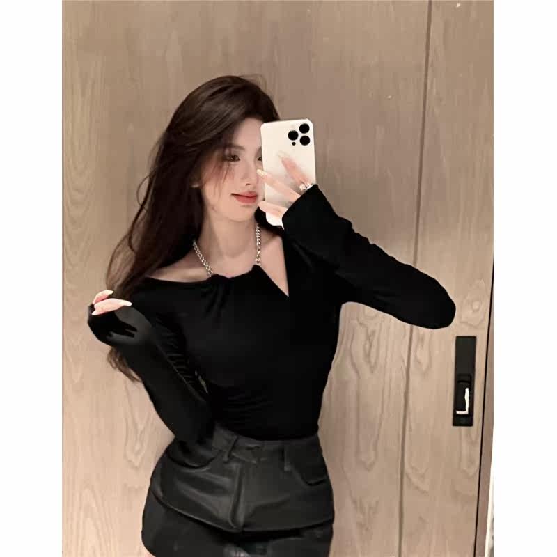 露肩链条挂脖气质百搭显瘦长袖上衣女纯色T恤,淘宝优惠券,粉丝福利购,淘宝优惠卷