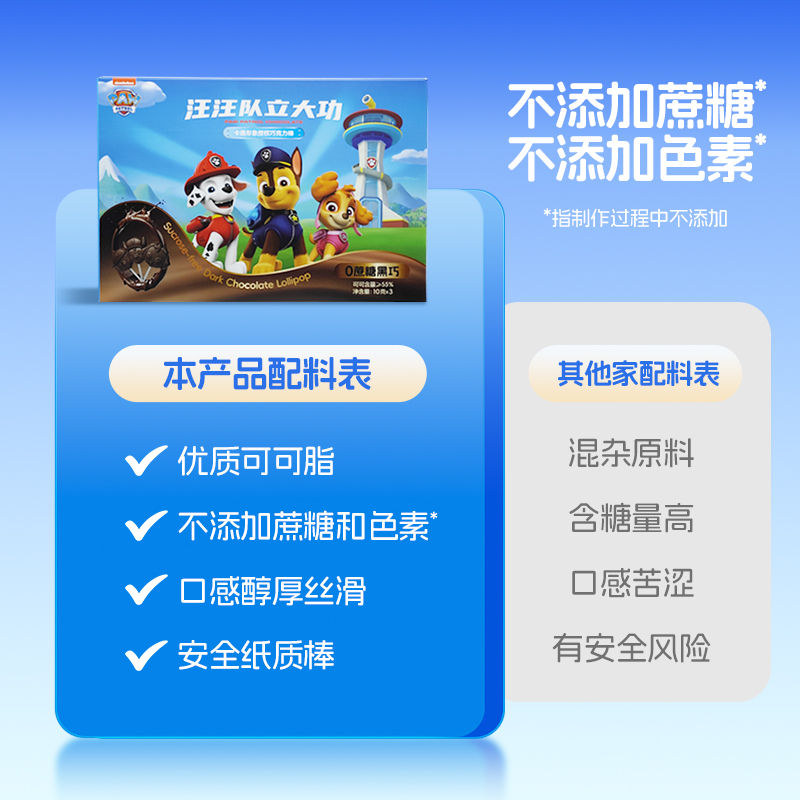 巧力美汪汪队立大功纯可可脂棒棒糖黑巧克力0蔗糖儿童零食巧克力