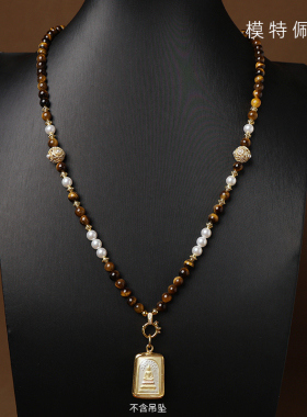 泰伽天然黄虎眼石佛牌链子珍珠贝