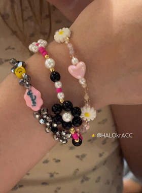 HALOkrACC韩国东大门 朋克粉黑撞色电光水滴angel小花串珠手链