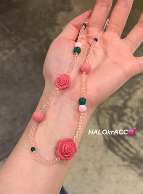 HALOkrACC韩代 夏日琉璃粉玫瑰花果宇宙糖球粉色芙蓉串珠项链