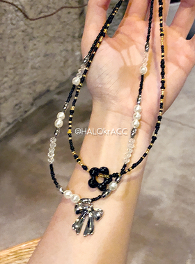 HALOkrACC韩代黑色银闪项链
