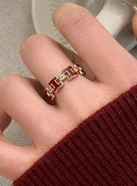 锆石设计食指电镀戒指开口戒小众红色女轻奢高级感真金滴油手饰女