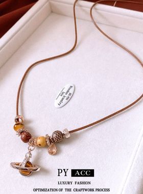 项链水滴链女设计感木珠虎眼石精致小众圆形锁骨气质项饰土星个性