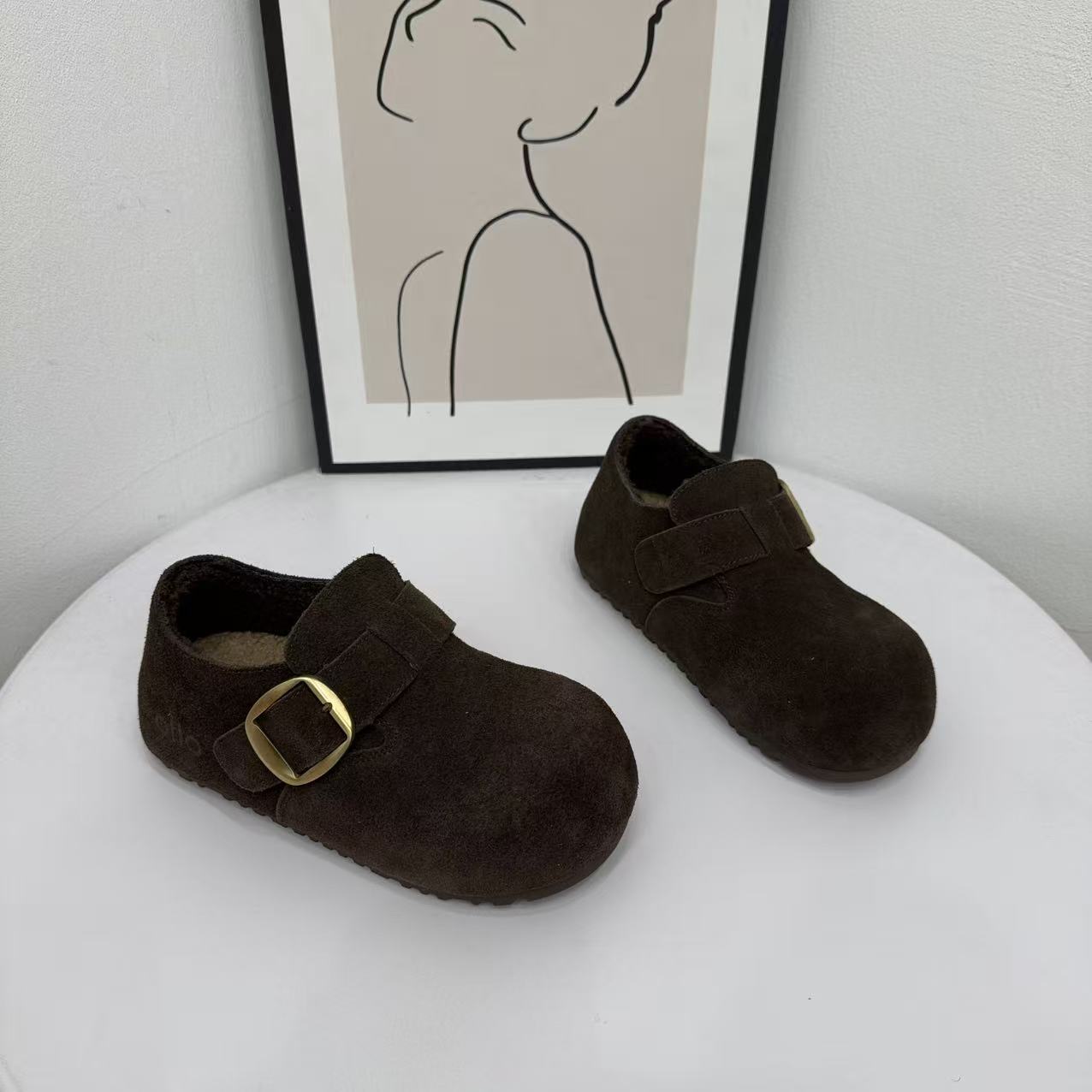 真皮羊毛加绒勃肯鞋女2025冬季新款圆头内增高加厚保暖厚底棉鞋潮 - 图0