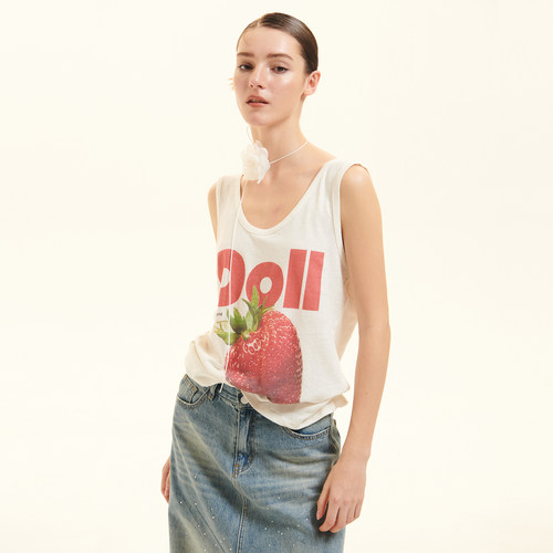 Cozydoll 棉麻U型露背舒适草莓立体印花正肩上衣慵懒辣妹吊带背心 - 图1
