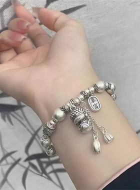 999足银手链 浪漫两世欢国潮国风纯银手串莲花佛手饰春节送礼物