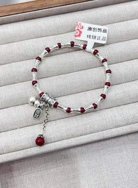 新款纯银S925竹节朱砂手链原创设计节节高升弹力玛瑙手链送女朋友