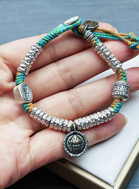 原创设计925纯银纯手工锤纹黄财神盘缠手链藏风编织手绳情侣礼物