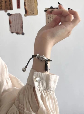 新款原创设计上岸锦鲤足银999平安福平安扣情侣款黑色编绳手链