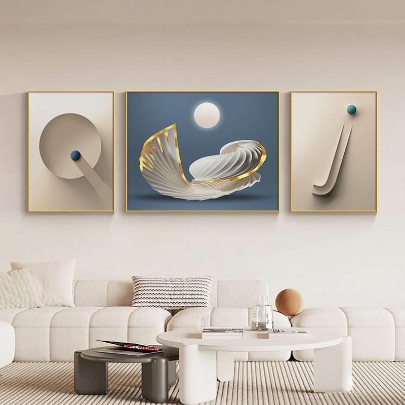 沙发背景墙装饰画客厅高档大气奶油风抽象艺术高级感三联壁画挂画
