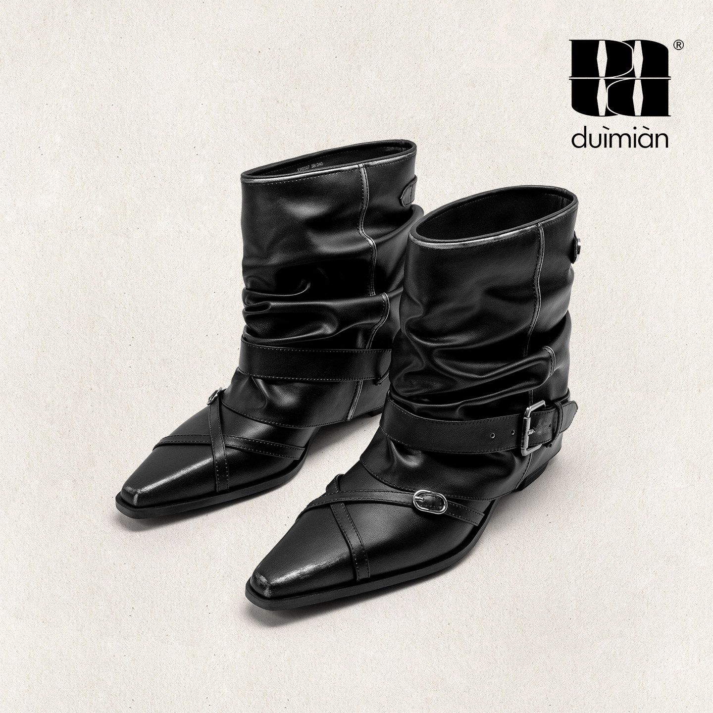 对面尖头时装靴秋冬褶皱哥特裤管靴复古粗跟西部短靴靴子duimian,淘宝优惠券,粉丝福利购,淘宝优惠卷