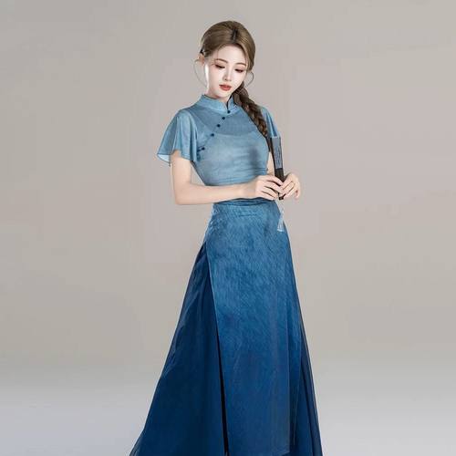 新款古典舞服装修身渐变旗袍舞蹈服飘逸裙裤中国舞艺考舞蹈演出服 - 图0