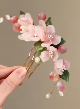 春日氛围感桃花发簪女古风新款发钗发梳新中式插梳后脑勺发饰头饰