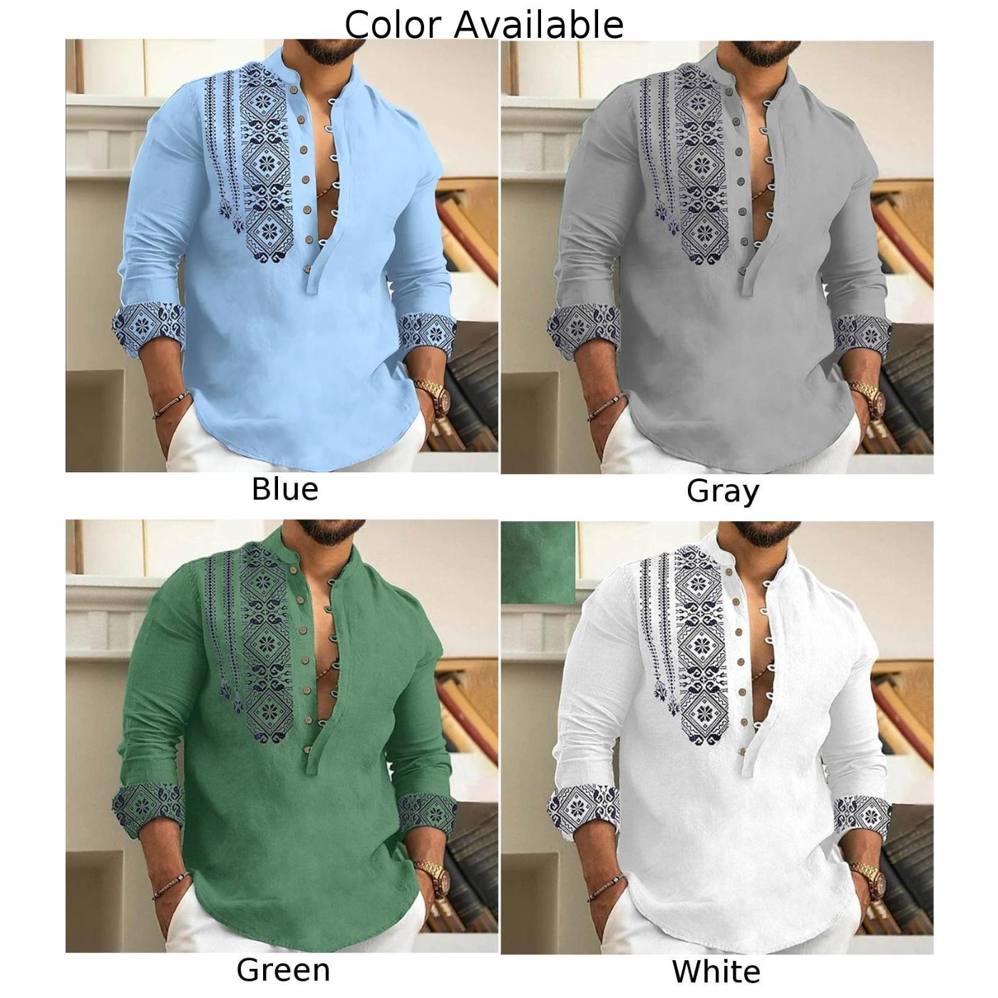 Men's standing collar printed shirt立领半开扣印花长袖衬衫男 - 图3