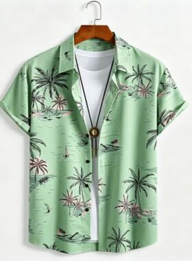 夏季港风椰树印花男短袖衬衫