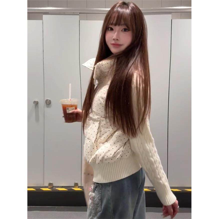 韩系甜美波点针织拼接长袖棉服外套女冬季宽松加厚短款保暖面包服,淘宝优惠券,粉丝福利购,淘宝优惠卷